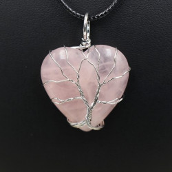 Pendentif en Quartz rose, forme de coeur avec son arbre de vie