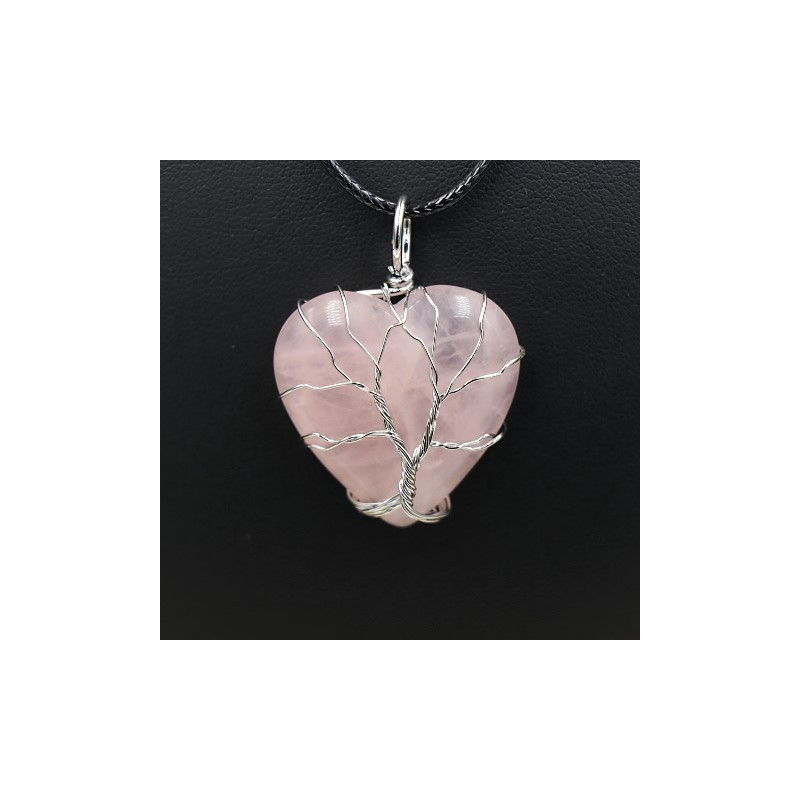 Pendentif en Quartz rose, forme de coeur avec son arbre de vie
