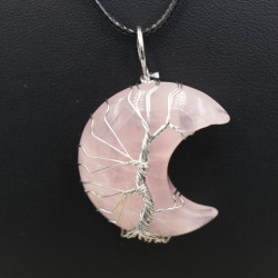 pendentif quartz rose arbre de vie demi lune