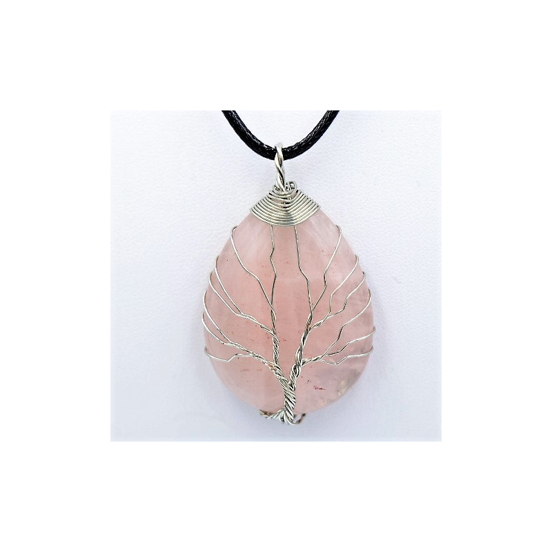 pendentif quartz rose arbre de vie goutte pierre naturelle