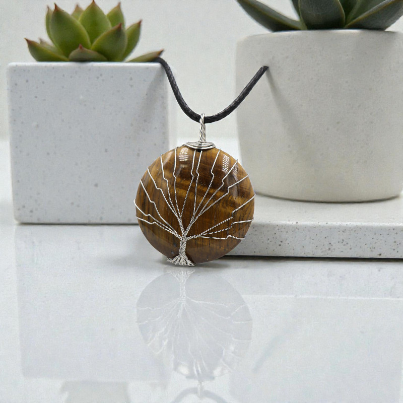 Pendentif oeil de tigre rond arbre de vie