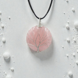 Pendentif quartz rose rond arbre de vie