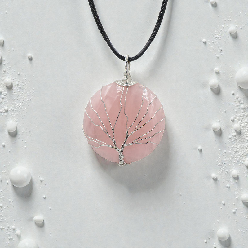 Pendentif quartz rose rond arbre de vie